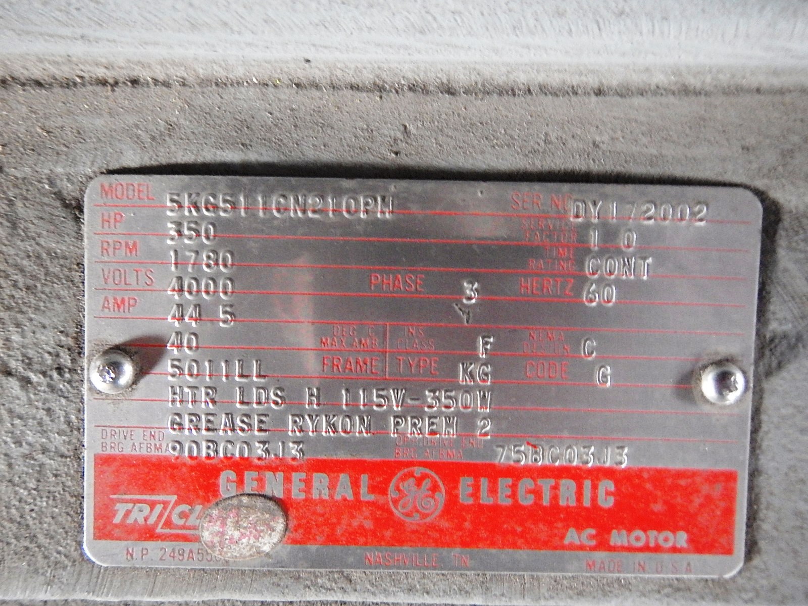 General Electric 350 HP 1800 RPM 5011LL Squirrel Cage Motors 80987